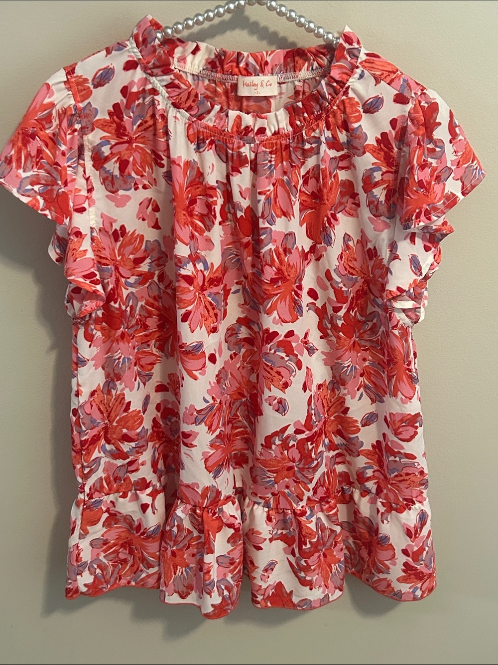 Hailey & Co Floral Flutter Sleeve Ruffle Neck Blouse Top Pink White S